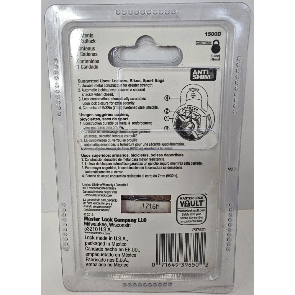 Combination Master Lock‎ 1500D Padlock For Lockers 3/4